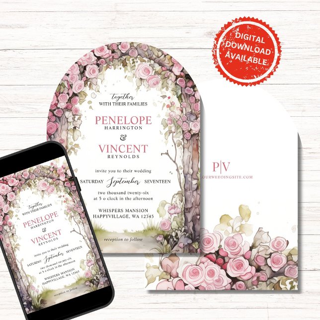 Invitation Vintage Rose Arch | Monogram Wedding (Créateur téléchargé)