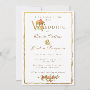 Invitation Vintage Rose de jardin et or simple Mariage 
