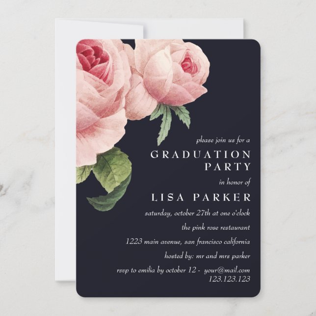 Invitation Vintage Rose Rose Blue Graduation (Devant)