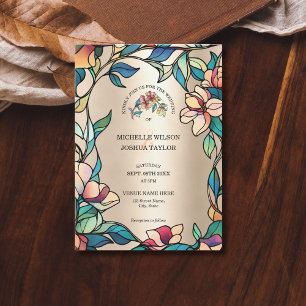 Invitation Vintage rose Turquoise Vitrail Art Nouveau