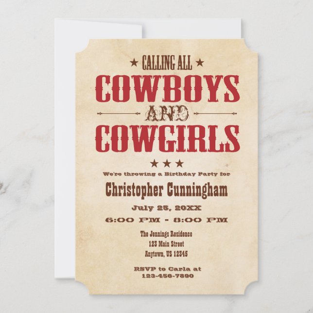 Invitation vintage rouge d'anniversaire de cowboy (Devant)