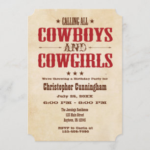 Invitation vintage rouge d'anniversaire de cowboy