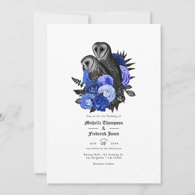 Invitation Vintage Royal Blue Owls Mariage gothique (Devant)