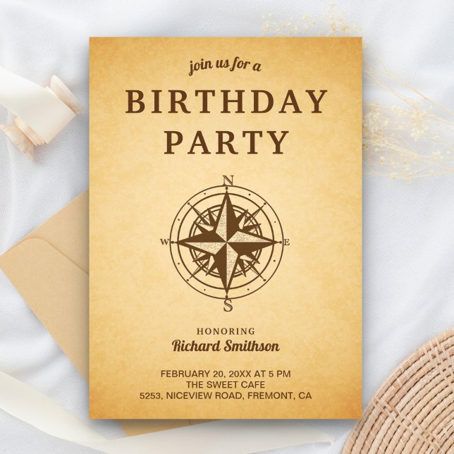 Invitation Vintage Rustic Compass fête d'anniversaire (Créateur téléchargé)