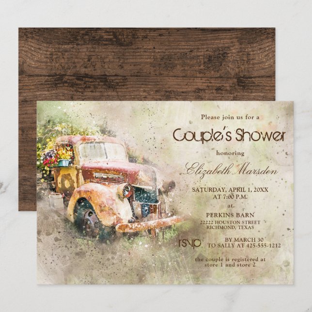 Invitation Vintage Rustic Truck Trendy Couple's Shower (Devant / Derrière)