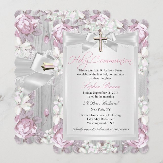 Invitation Vintage Rustique première communion rose (Devant / Derrière)