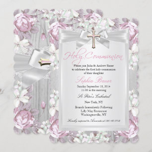 Invitation Vintage Rustique première communion rose