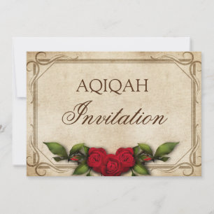 Invitation Vintage Rustique Roses Rouges Baby Girl Aqiqah