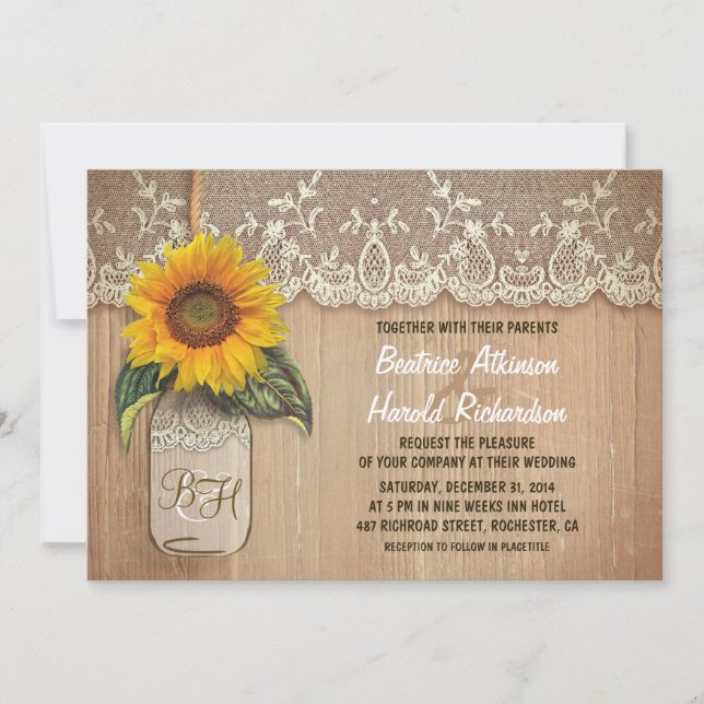 Invitation vintage rustique tournesol mason mariage (Devant)