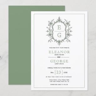 Invitation Vintage sauge vert crête florale initiales mariage
