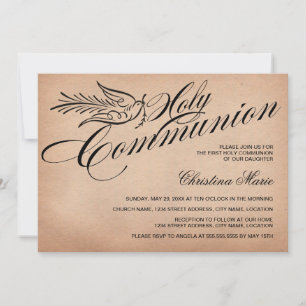 Invitation Vintage Script Dove et Cross First Holy Communion