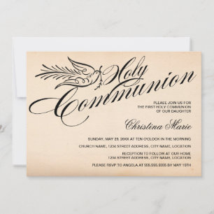 Invitation Vintage Script Dove et Cross First Holy Communion