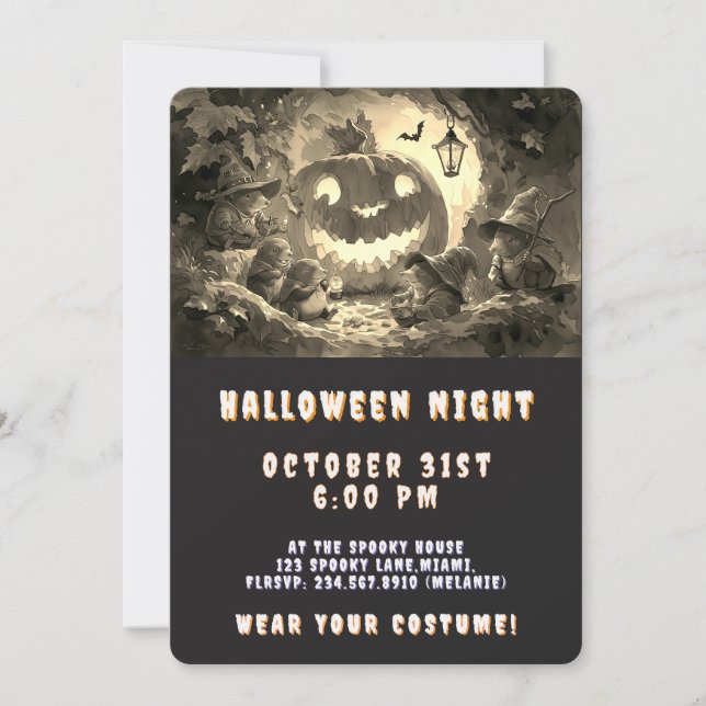 Invitation Vintage Sepia Kawaii Witch Halloween Party (Devant)