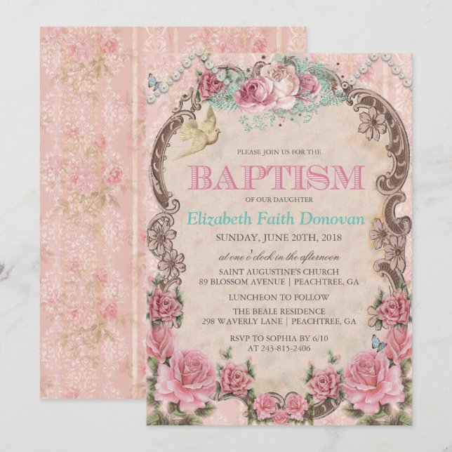 Invitation vintage Shabby Chic Baptême (Devant / Derrière)