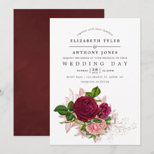 Invitation Vintage Shabby-Chic Blush et Mariage de Bourgogne