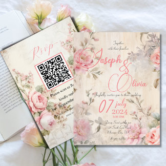 Invitation vintage shabby chic pink with rsvp qr wedding