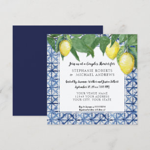 Invitation Vintage Shibori Indigo Blue w Lemon Couples Douche