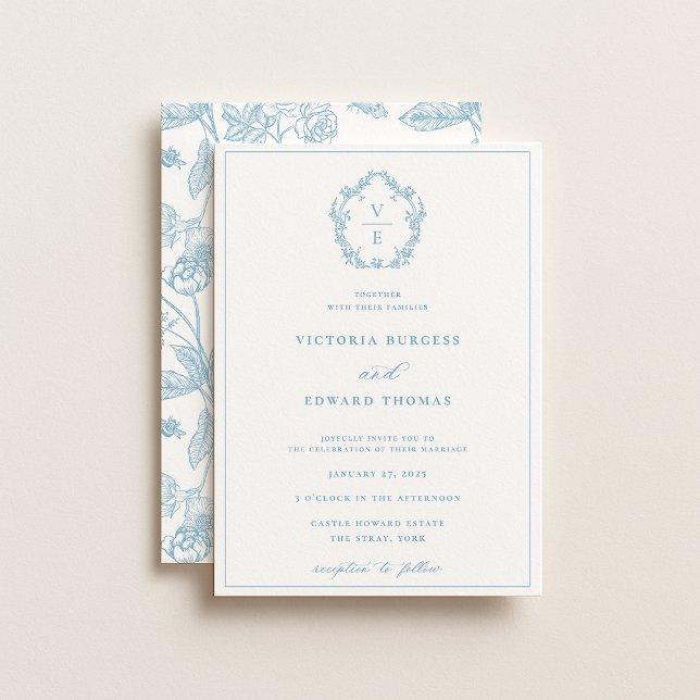 Invitation Vintage Sky Blue Crest Monogramme Mariage (Créateur téléchargé)