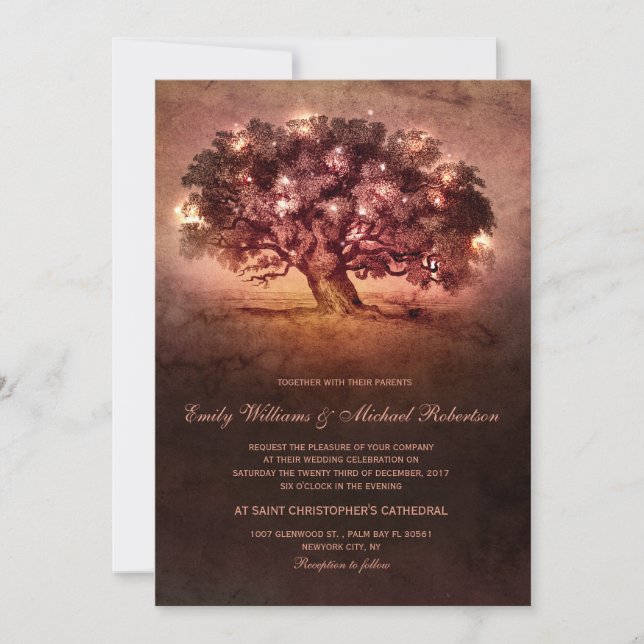 Invitation Vintage String Lights Oak Tree Mariage campagnard (Devant)