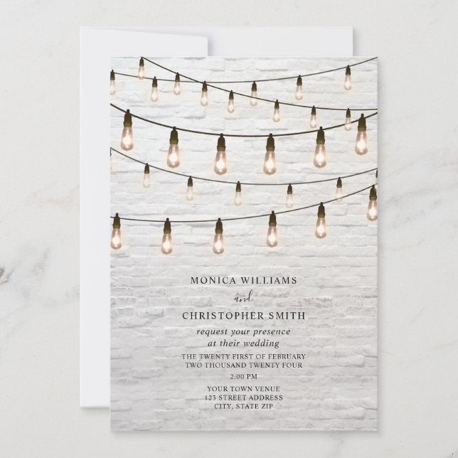 Invitation Vintage String Lights White Brick Mariage (Devant)