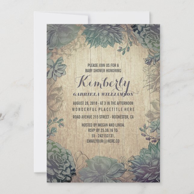 Invitation Vintage Succulents Baby shower rustique (Devant)