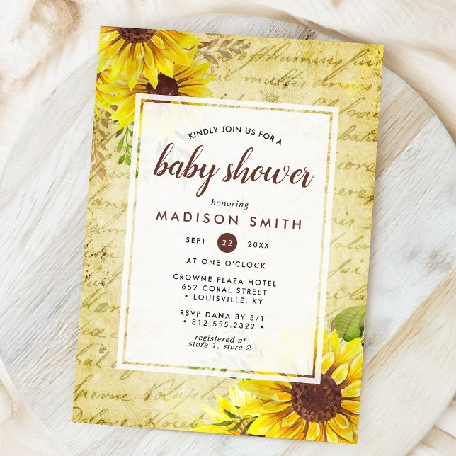 Invitation Vintage Sunflower Script Baby Shower (Créateur téléchargé)