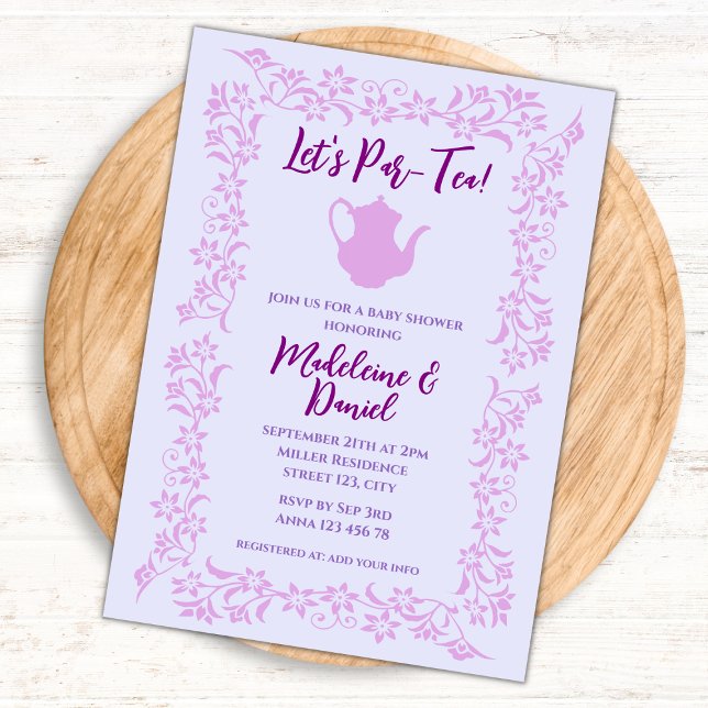 Invitation Vintage Tea Party Baby shower Lavender Floral (tea party baby shower invitation vintage teapot digital lavender and purple baby shower tea party)