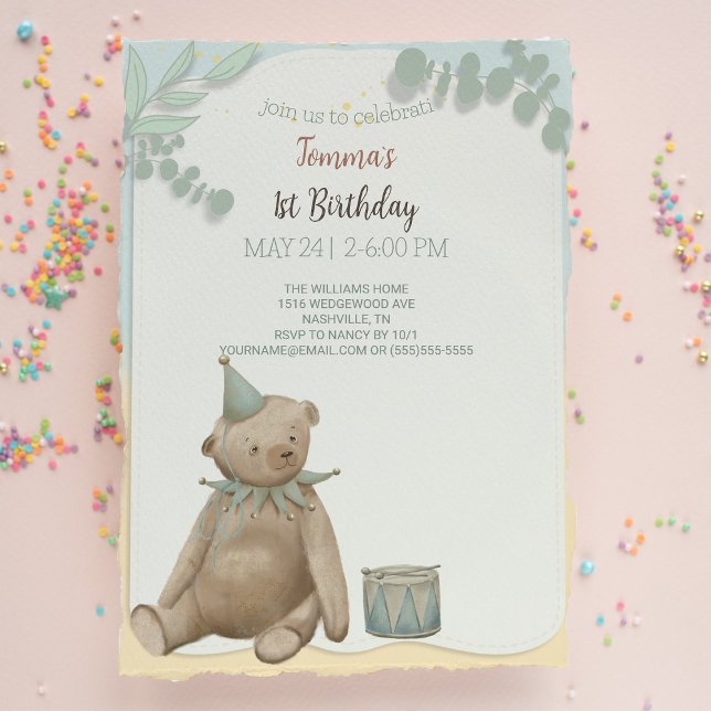 Invitation vintage Teddy Bear First Birthday (Créateur téléchargé)