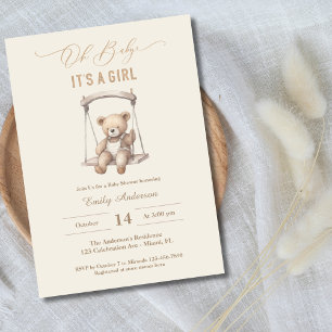 Invitation Vintage Teddy Bear Script Baby shower fille