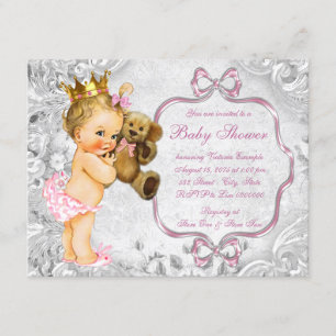 Invitation Vintage Teddy Ours rose Grey bébé fille Douche