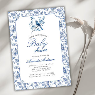 Invitation Vintage Toile De Jouy Blue Bunny Bird Baby Shower 