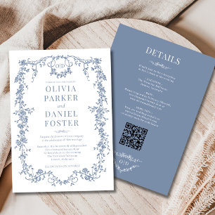 Invitation Vintage tout en un Victorian Blue Mariage Monogram