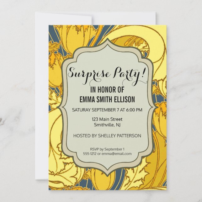 Invitation Vintage Tulip Blue Gold Motif (Devant)