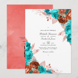 Invitation Vintage Turquoise et Coral Floral QR Code Mariage
