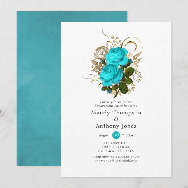 Invitation Vintage Turquoise et Gold Shabby (Devant / Derrière)