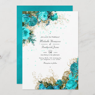 Invitation Vintage Turquoise et or Shabby QR Code Mariage