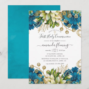 Invitation Vintage Turquoise et Or Shabby Sainte Communion