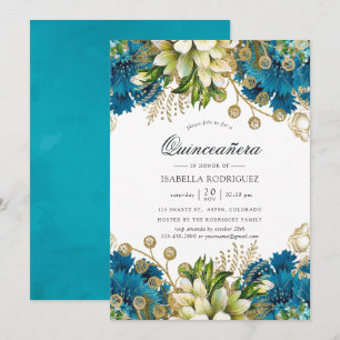 Invitation Vintage Turquoise & Gold Shabby Floral Quinceañera