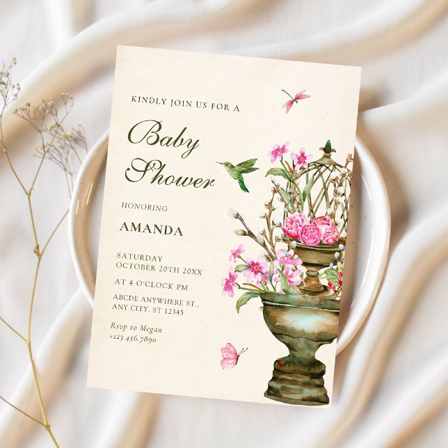 Invitation Vintage vase de fleurs bouquet jardin baby shower (Créateur téléchargé)