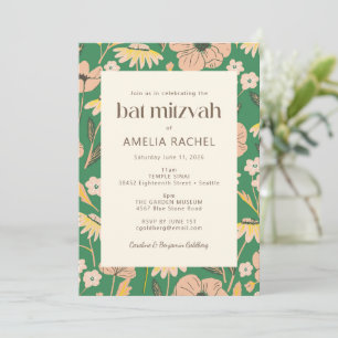 Invitation Vintage Vert Rose Jardin Floral Bat Mitzvah