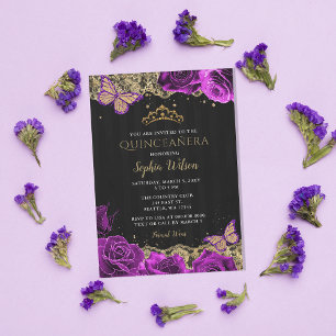 Invitation Vintage violet Rose Black Gold Lace Quinceañera