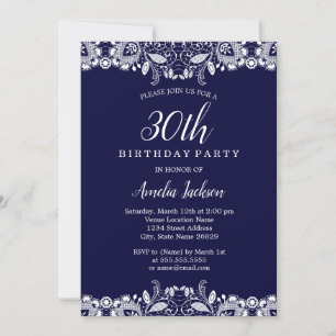 Invitation Vintage White Lace Navy 30e fête d'anniversaire