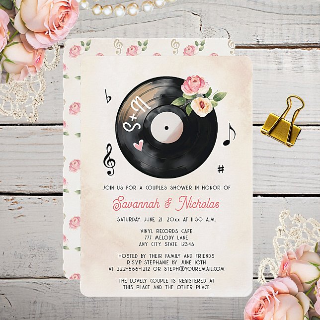 Invitation Vinyl Record Floral Aquarelle Couples Douche (A charming and beautiful,  vinyl record couples shower invite with floral and music note accents. )
