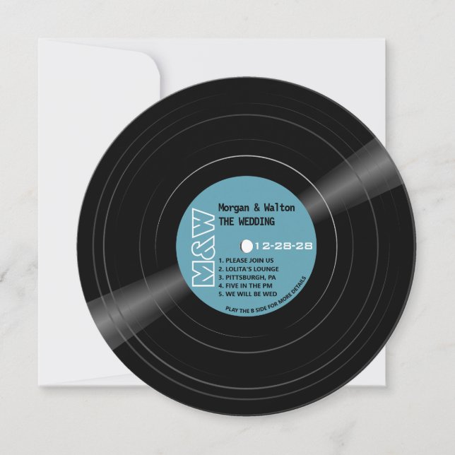 Invitation Vinyl Record Monogramme Retro Mariage bleu (Devant)