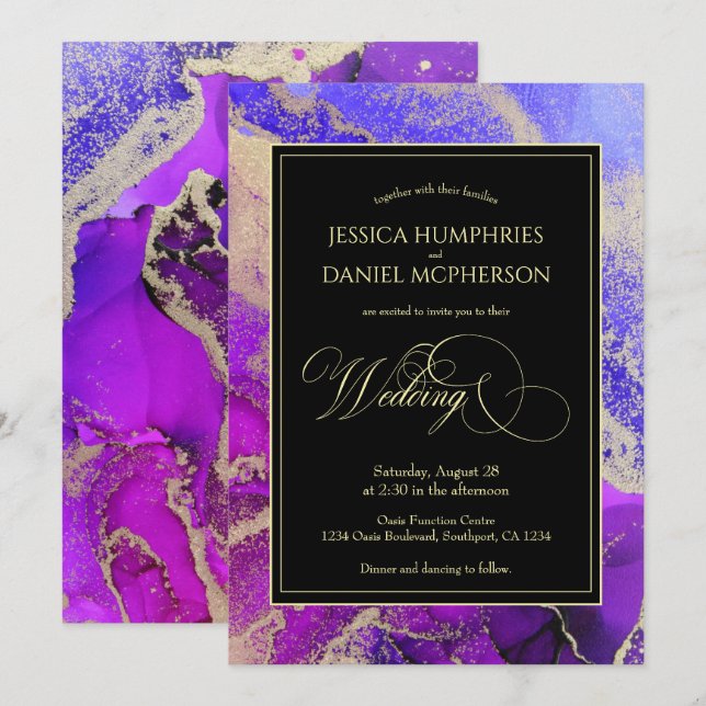 Invitation Violet Amethyst Purple Gold Moody Mariage (Devant / Derrière)
