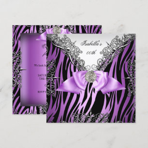 Invitation Violet Argent Blanc Noir Zèbre fête d'anniversaire