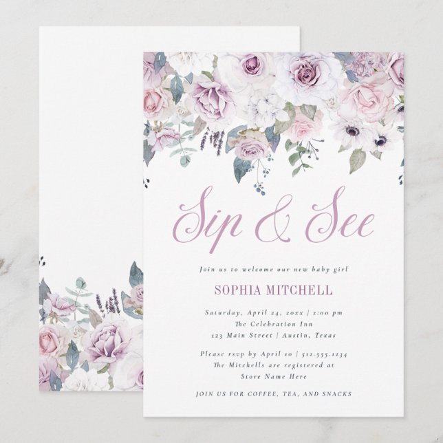 Invitation Violet | Baby shower floral Sip et voir (Devant / Derrière)
