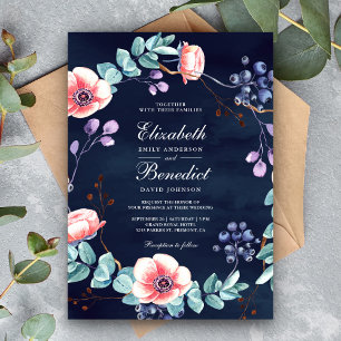 Invitation Violet blanc Anémones Eucalyptus Mariage bleu mari
