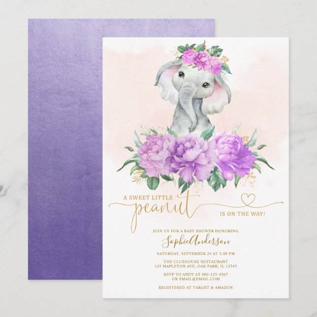 Invitation Violet bleu vert floral baby shower éléphant (Devant / Derrière)