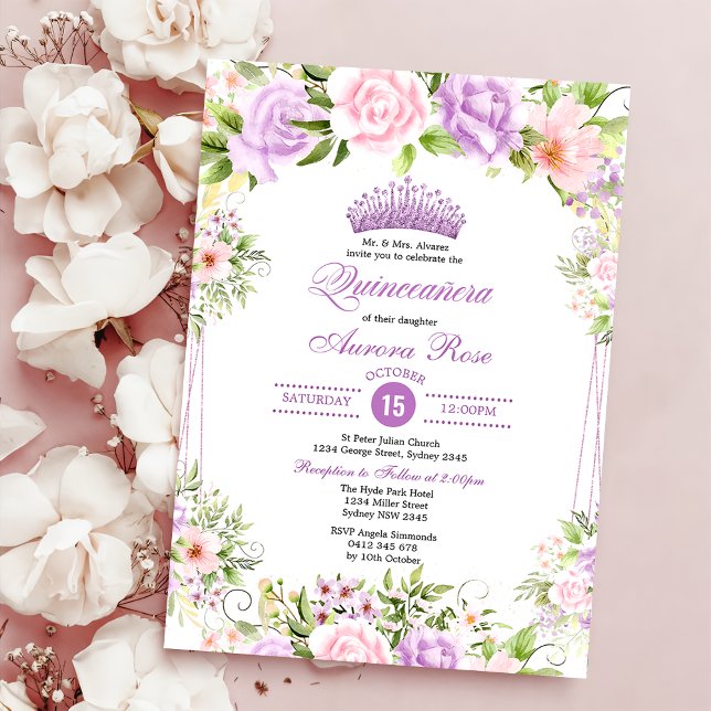 Invitation Violet Blush Boho Floral Quinceañera 15e anniversa (Créateur téléchargé)